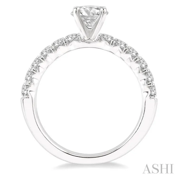 1 Ctw Diamond Ladies Engagement Ring with 1/2 Ct Round Cut Center Stone in 14K White Gold