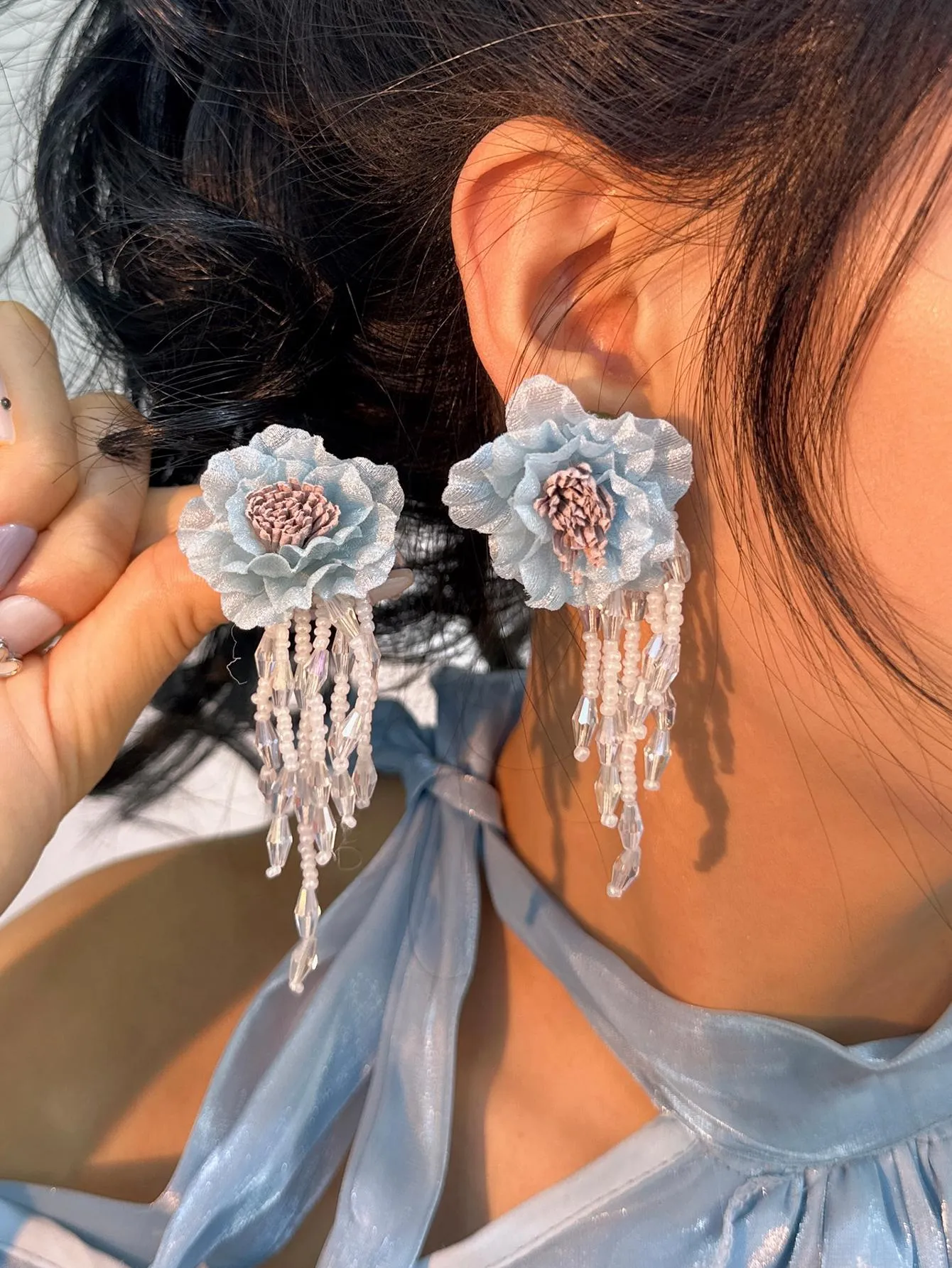 1pair Fashionable Flower Decor Bead Tassel Drop Earrings For Women For Daily Decoration