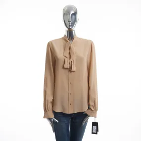 Beige Tie-neck Button Down Silk Blouse