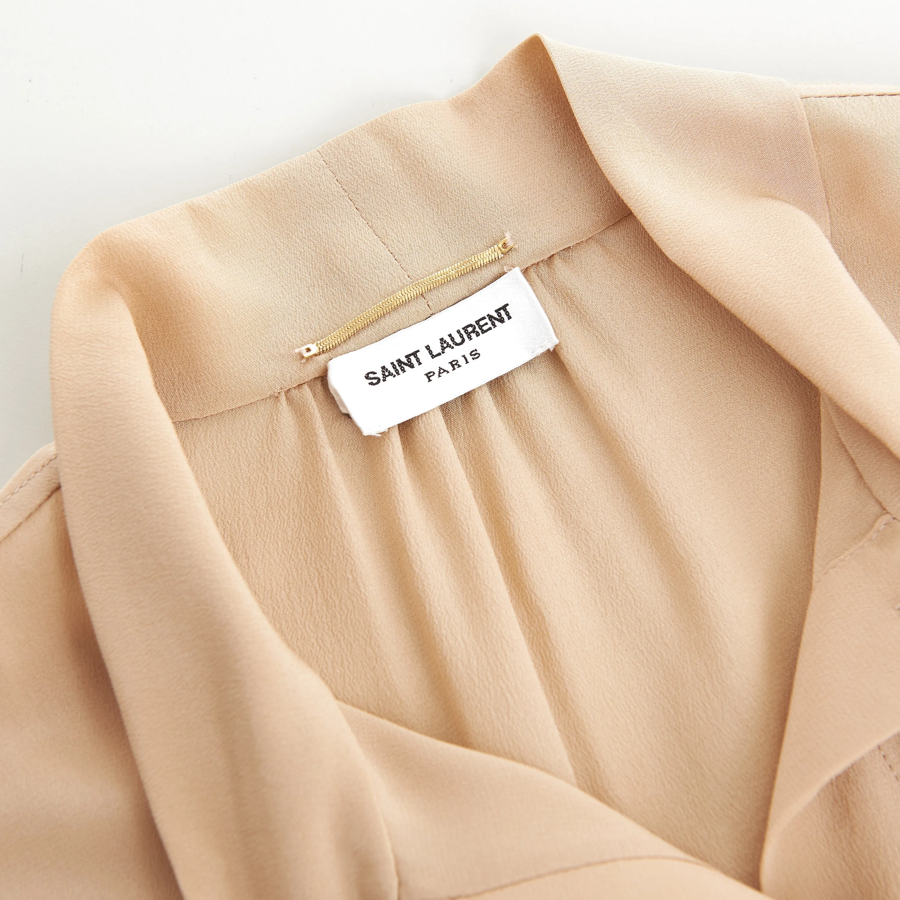 Beige Tie-neck Button Down Silk Blouse