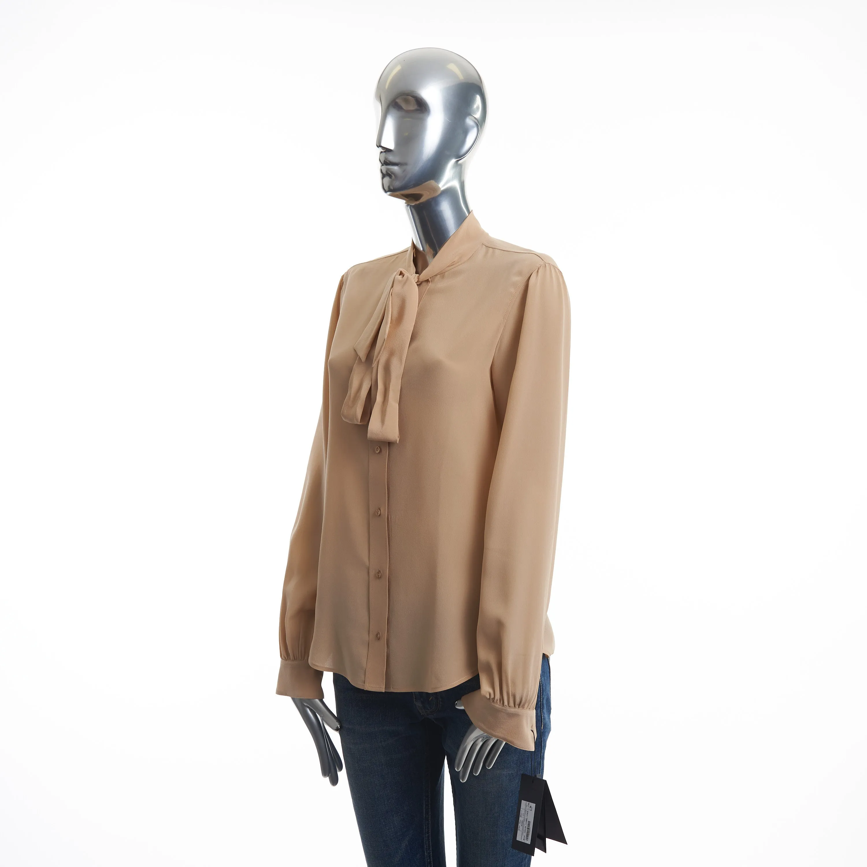 Beige Tie-neck Button Down Silk Blouse