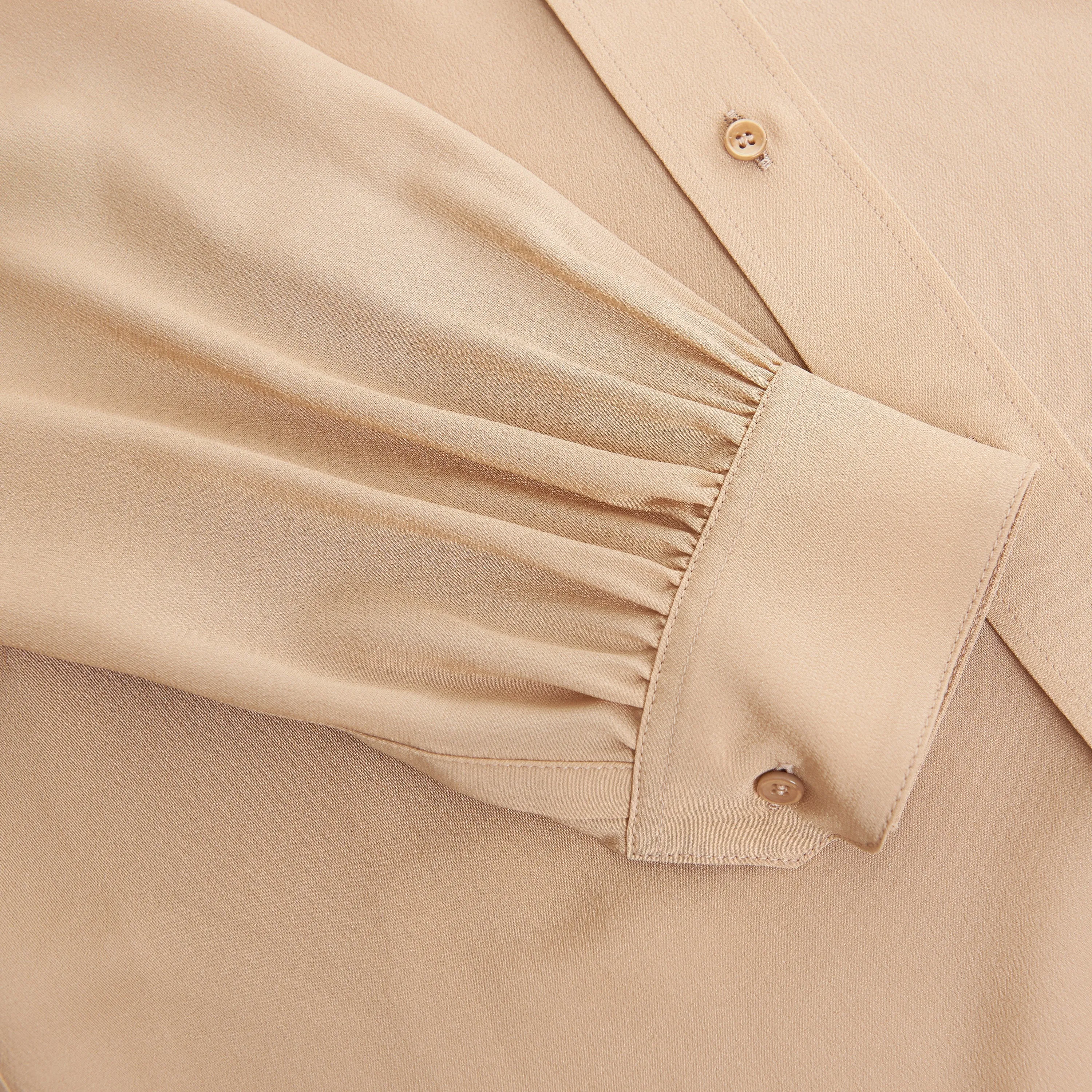 Beige Tie-neck Button Down Silk Blouse