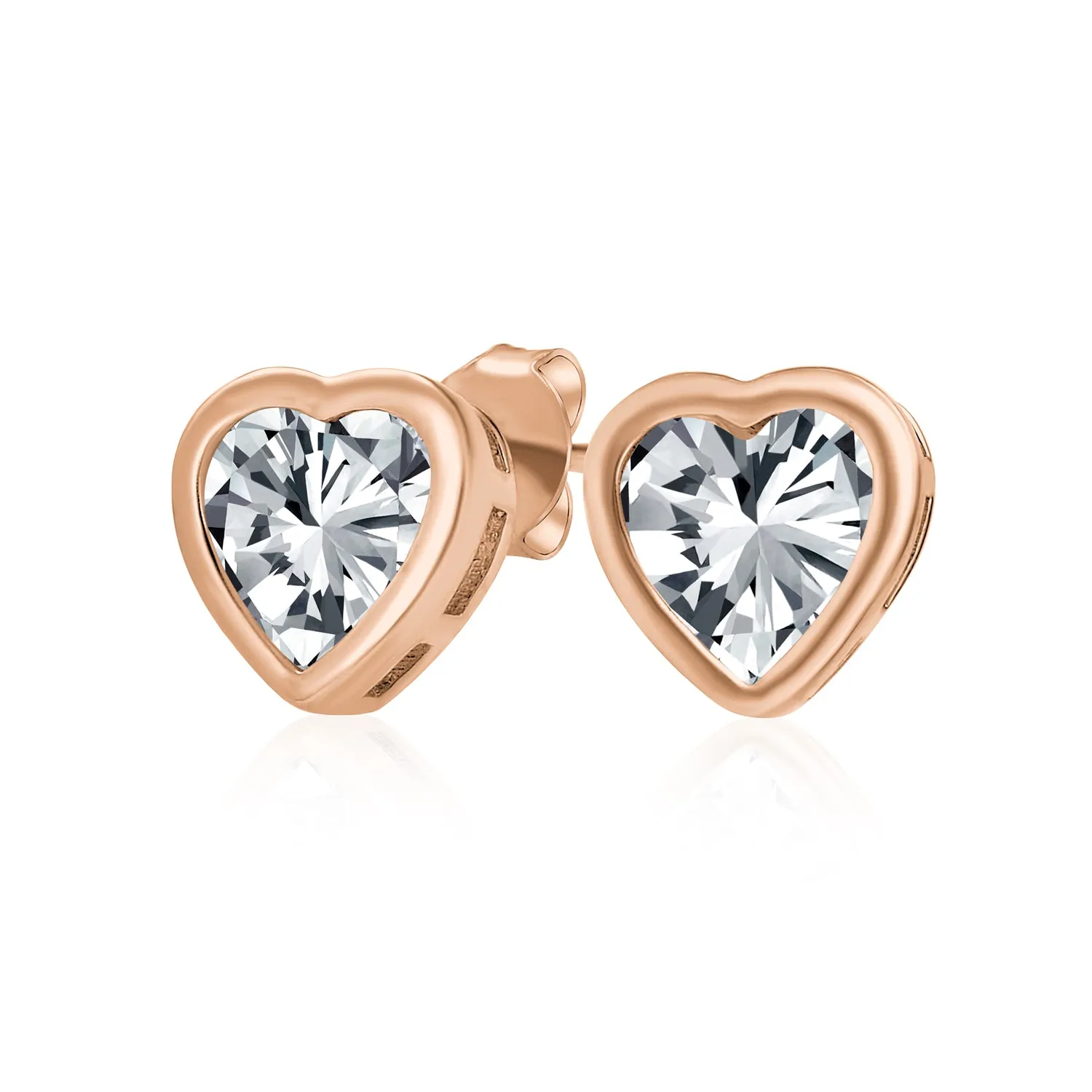 Bezel Set CZ Opal Gemstone Heart Shaped Stud Earrings Rose Gold Plated Silver