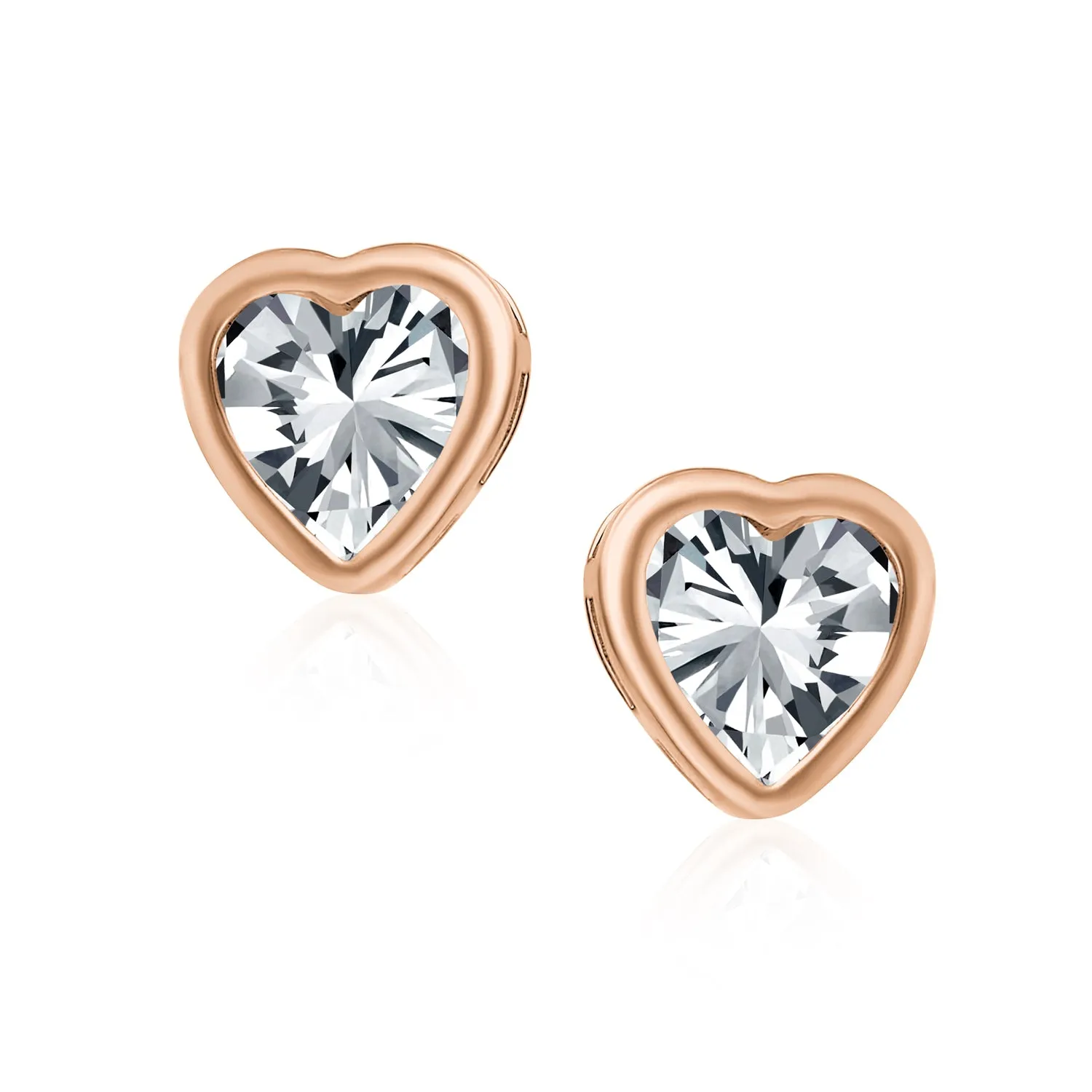 Bezel Set CZ Opal Gemstone Heart Shaped Stud Earrings Rose Gold Plated Silver