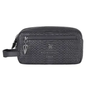 BNJ Black Python Cut Matte Nappa Double Zipper Washbag