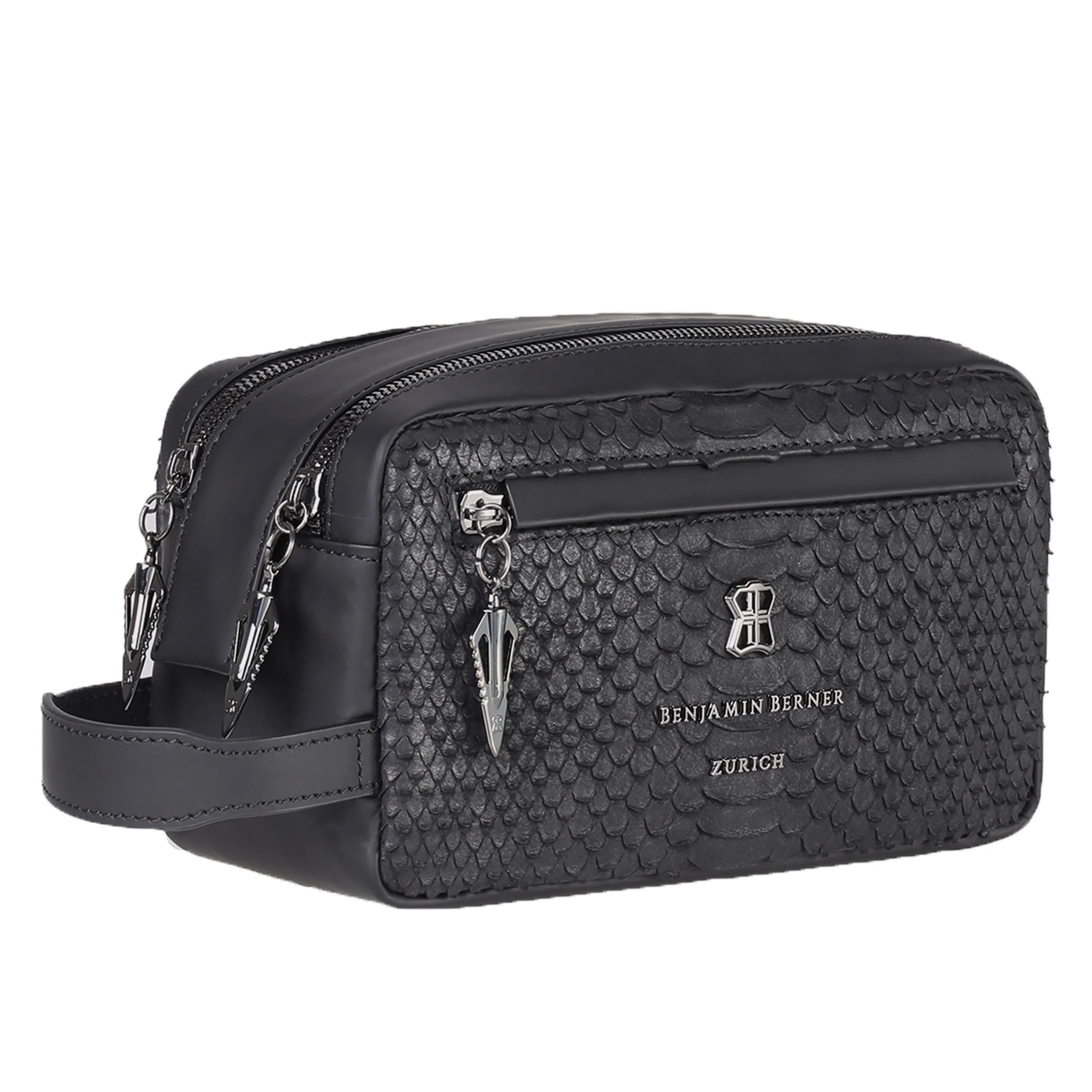 BNJ Black Python Cut Matte Nappa Double Zipper Washbag