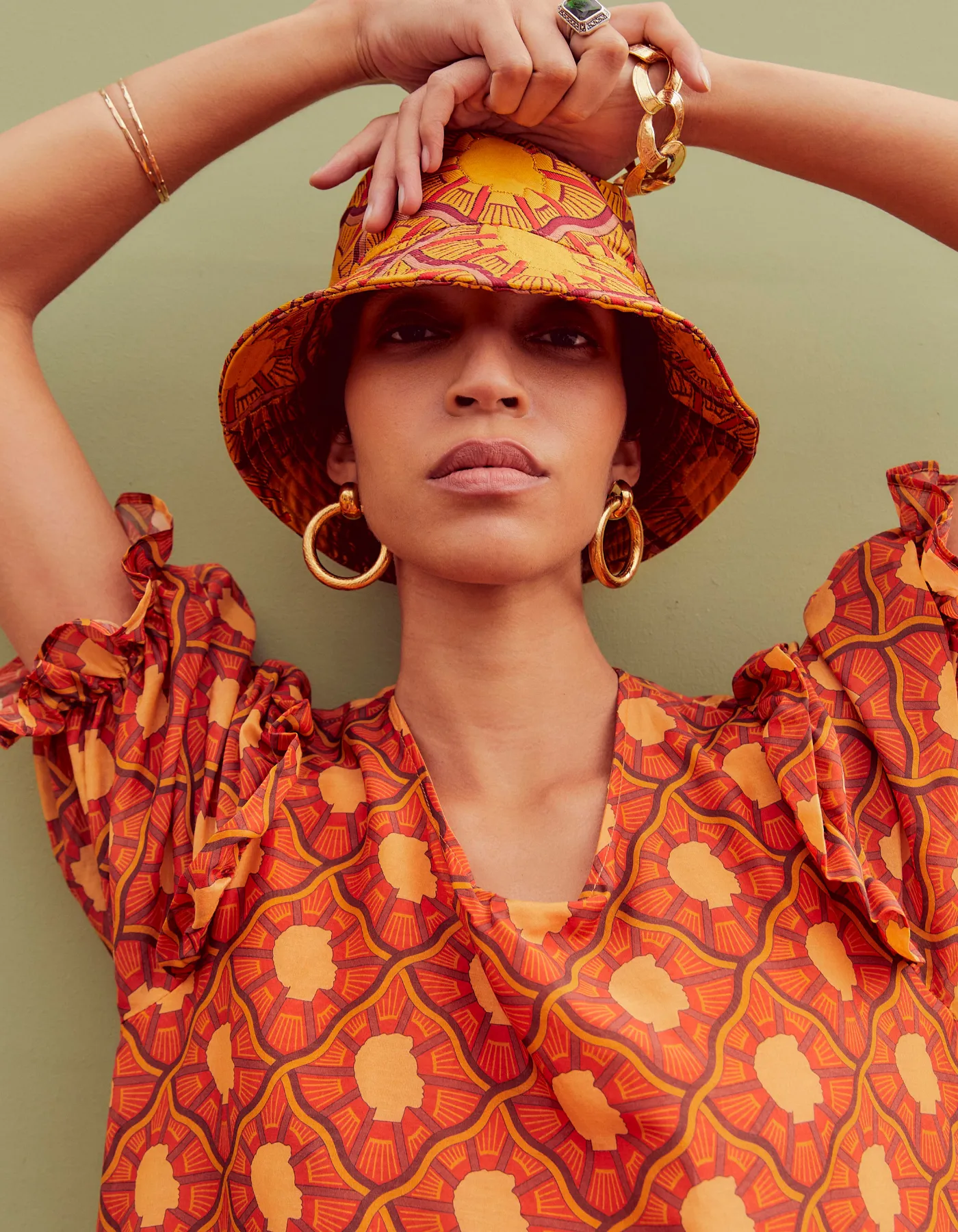 Bucket Hat Orange Portrait Print Silk Jacquard