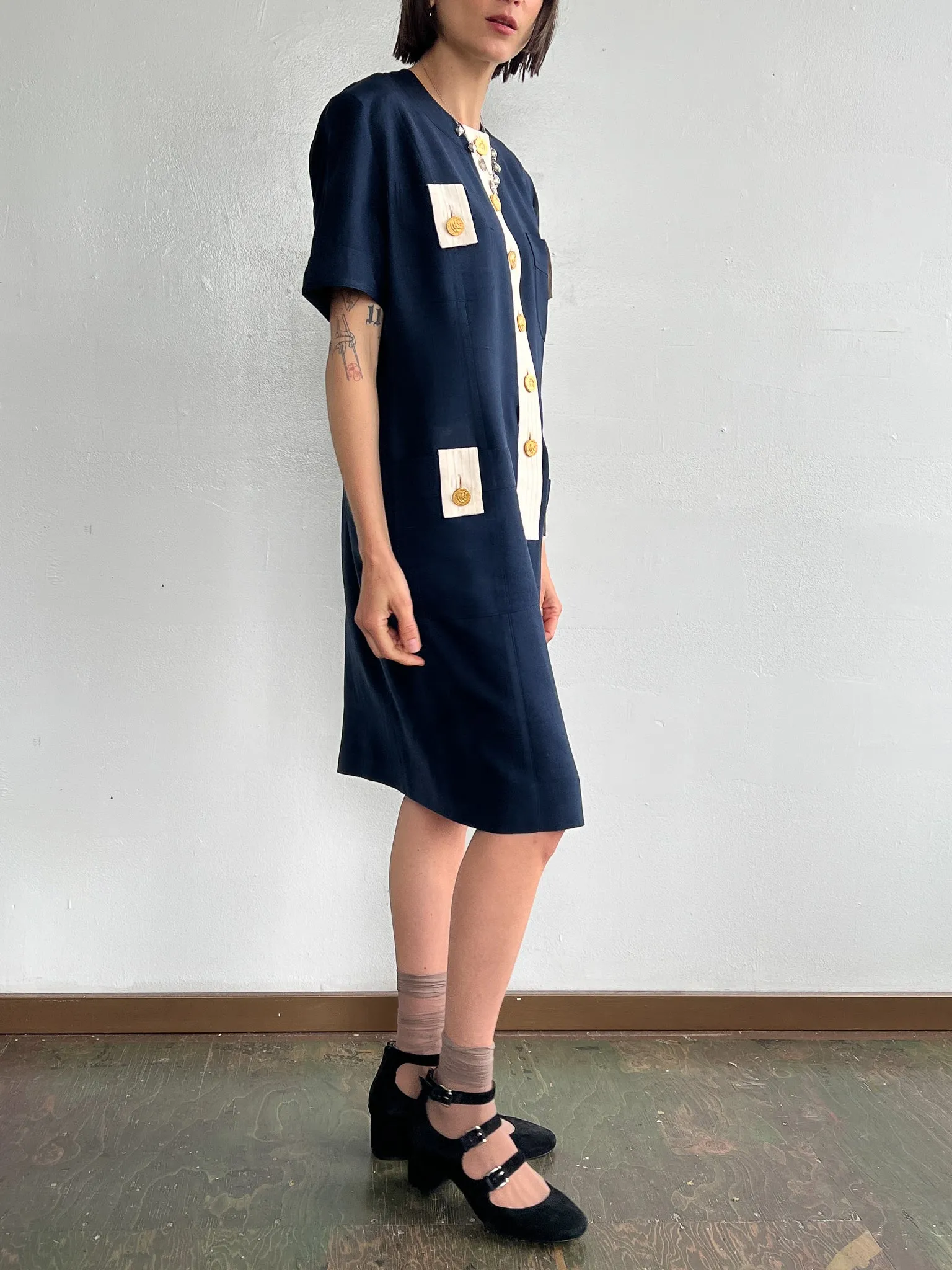 Celine Navy Silk Shirtdress (M)