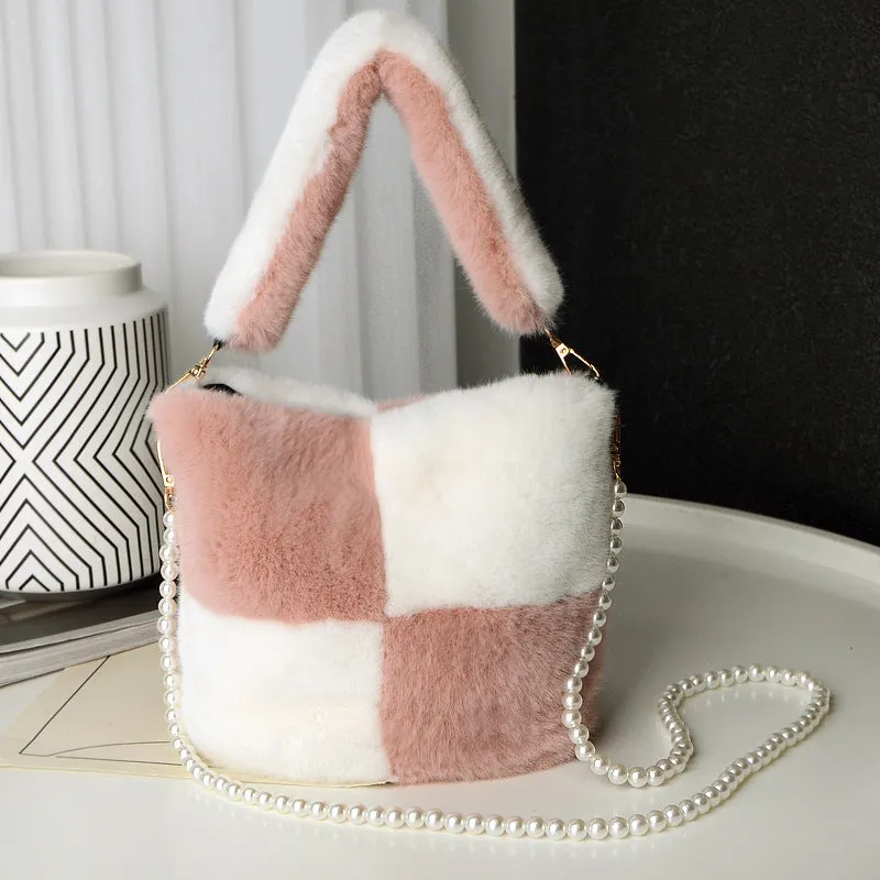 Checkerboard Plush Bucket Bag