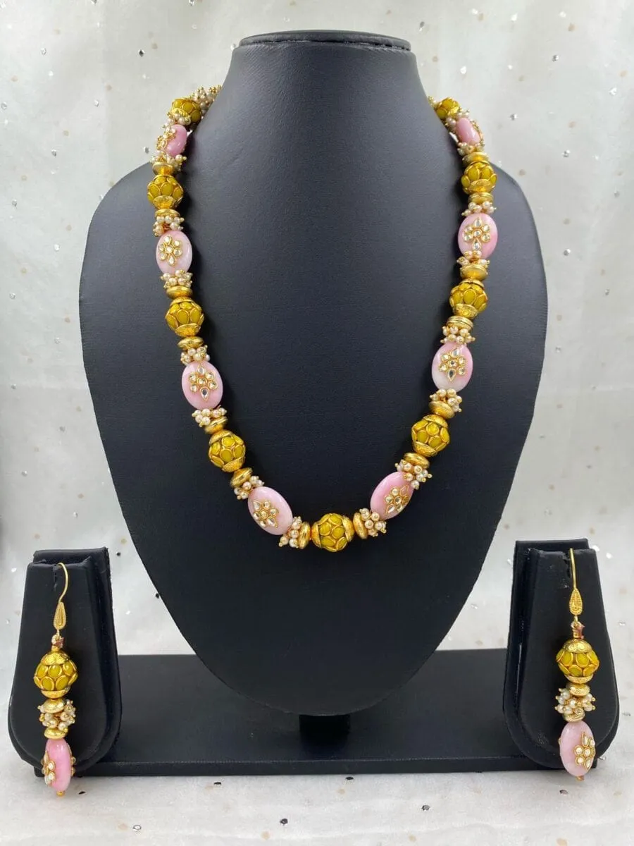 Designer Semi Precious Pink Jade And Pearls Fancy Beads Necklace By Gehna Shop