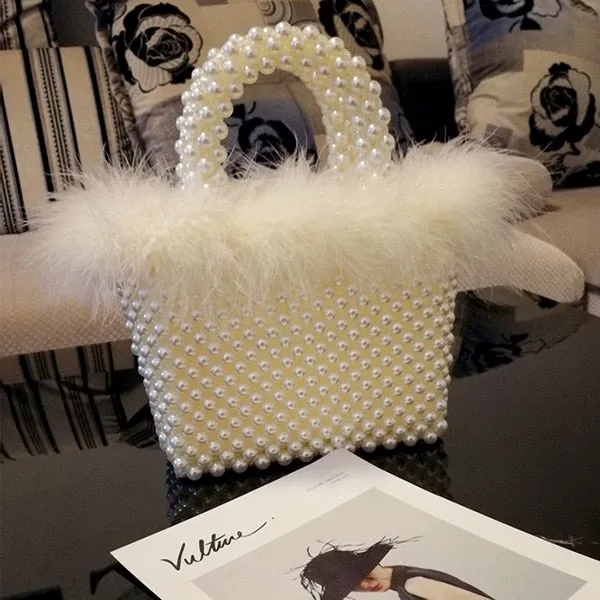 Faux Fur Pearl Evening Bag  Paneled Beaded