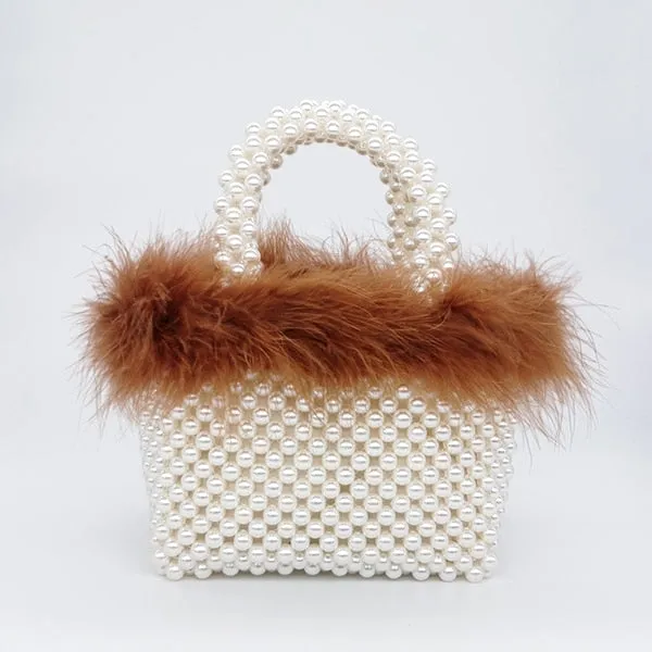 Faux Fur Pearl Evening Bag  Paneled Beaded