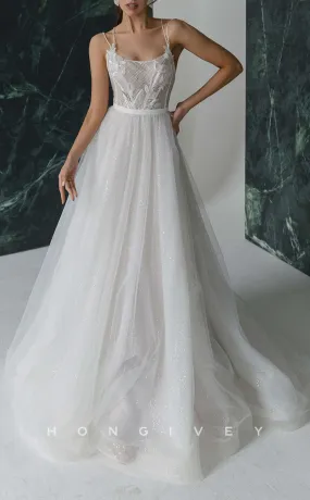 H1262 - Sexy Tulle Glitter A-Line Bateau Spaghetti Straps Illusion Empire With Train Wedding Dress