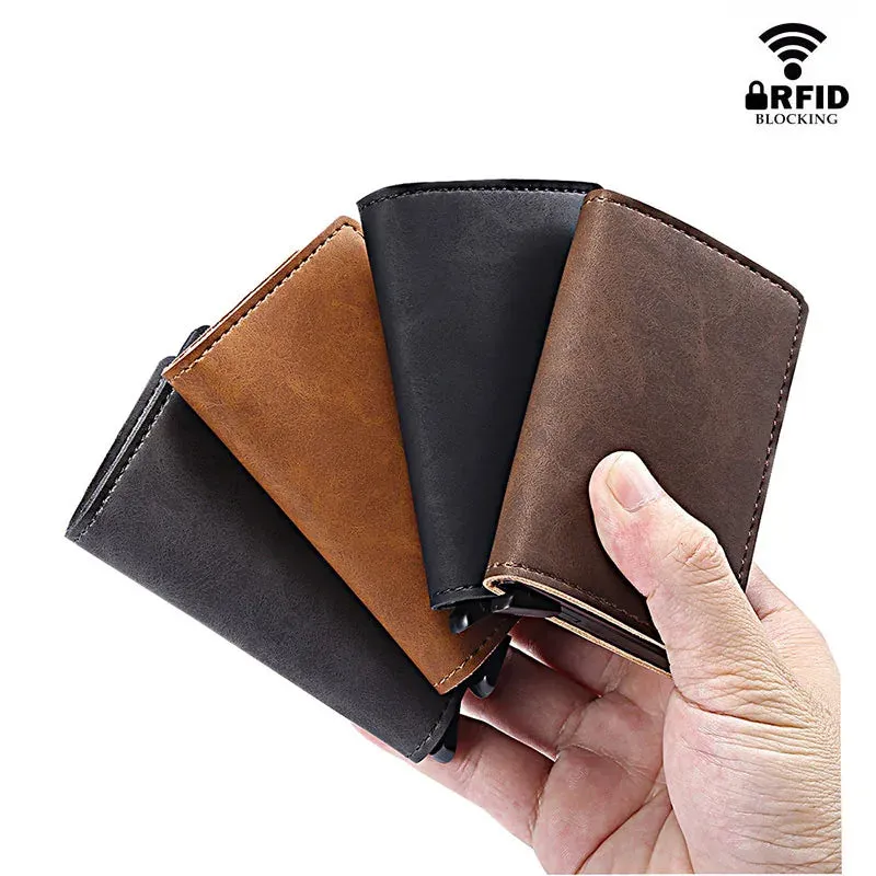 RFID Lock Vintage Automatic Leather Credit Card Holder - Vegan leather - Imported