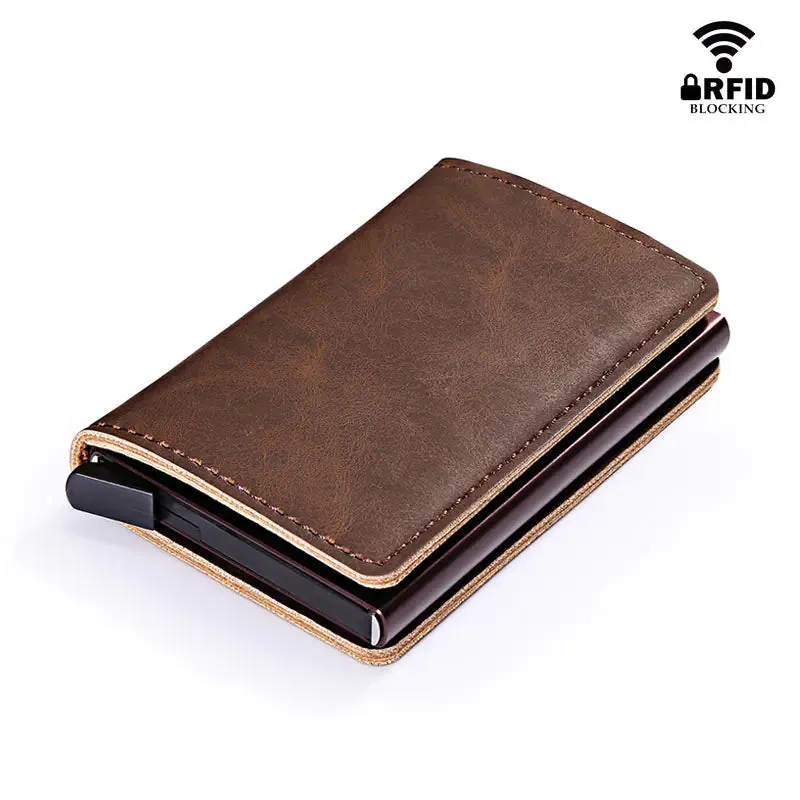 RFID Lock Vintage Automatic Leather Credit Card Holder - Vegan leather - Imported