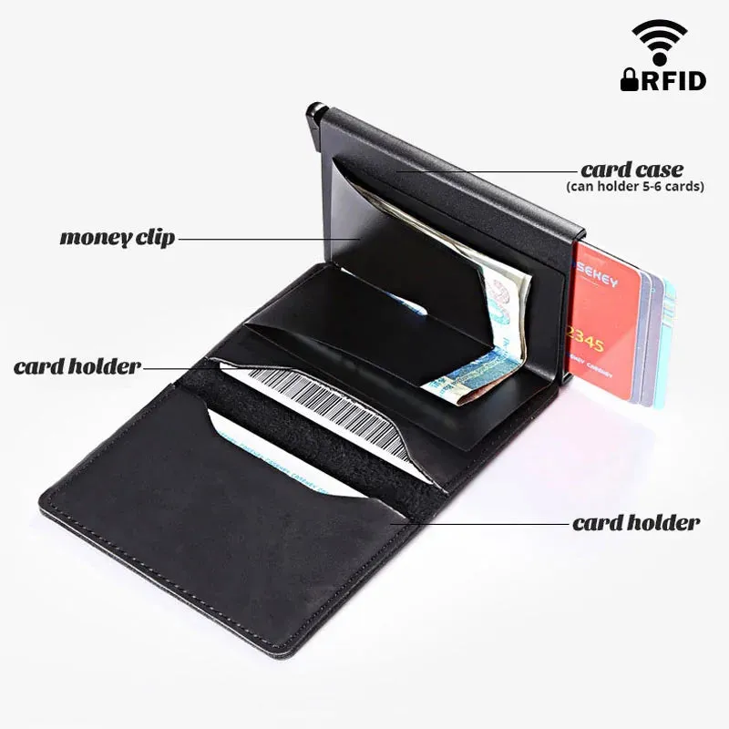 RFID Lock Vintage Automatic Leather Credit Card Holder - Vegan leather - Imported