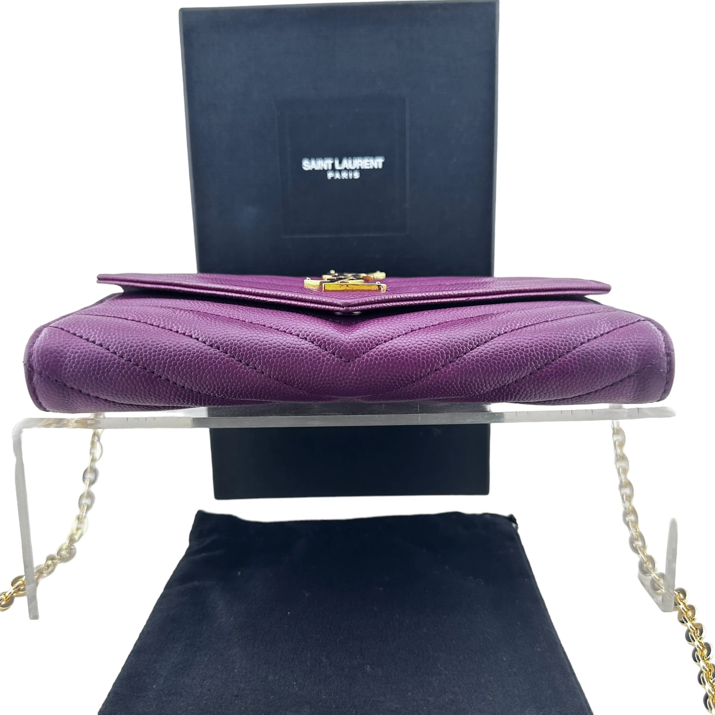 SAINT LAURENT Grain de Poudre Chevron Cassandra YSL Clutch with Unbranded Chain