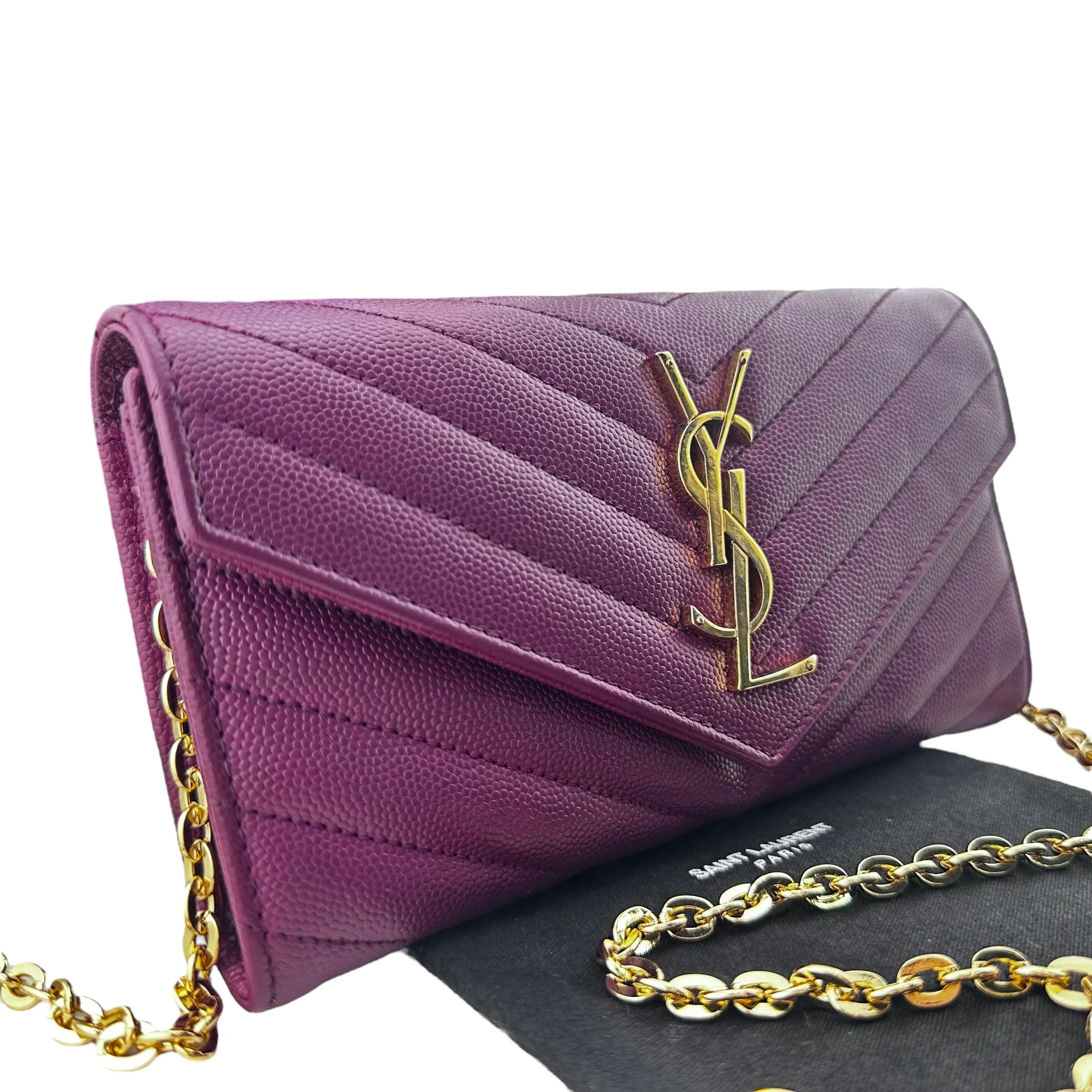 SAINT LAURENT Grain de Poudre Chevron Cassandra YSL Clutch with Unbranded Chain