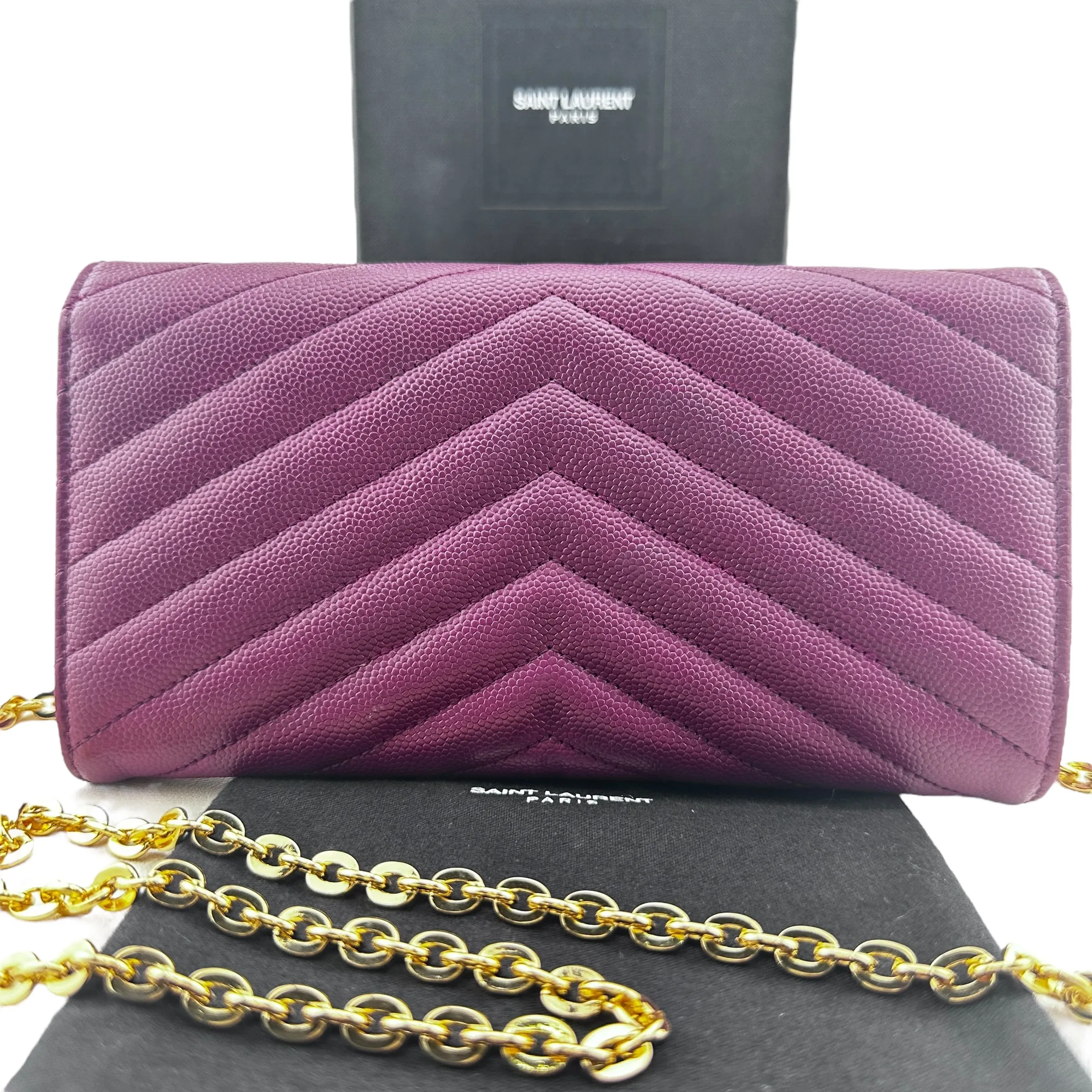 SAINT LAURENT Grain de Poudre Chevron Cassandra YSL Clutch with Unbranded Chain