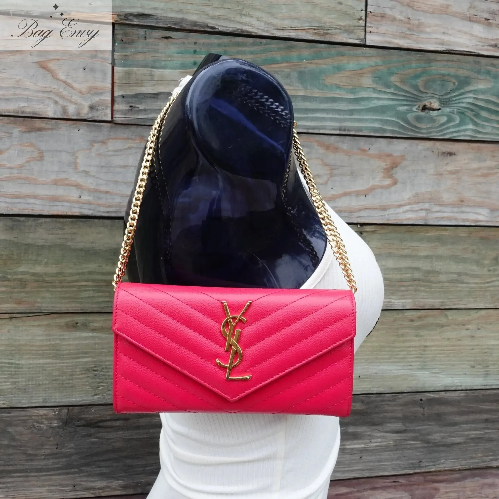 SAINT LAURENT Grain de Poudre Chevron YSL Clutch on Chain