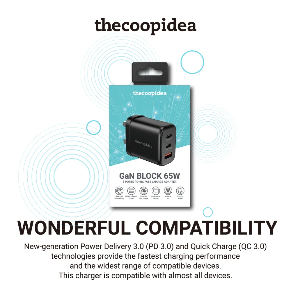 thecoopidea GaN BLOCK 65W 3 Ports PD QC Fast Charge Adapter