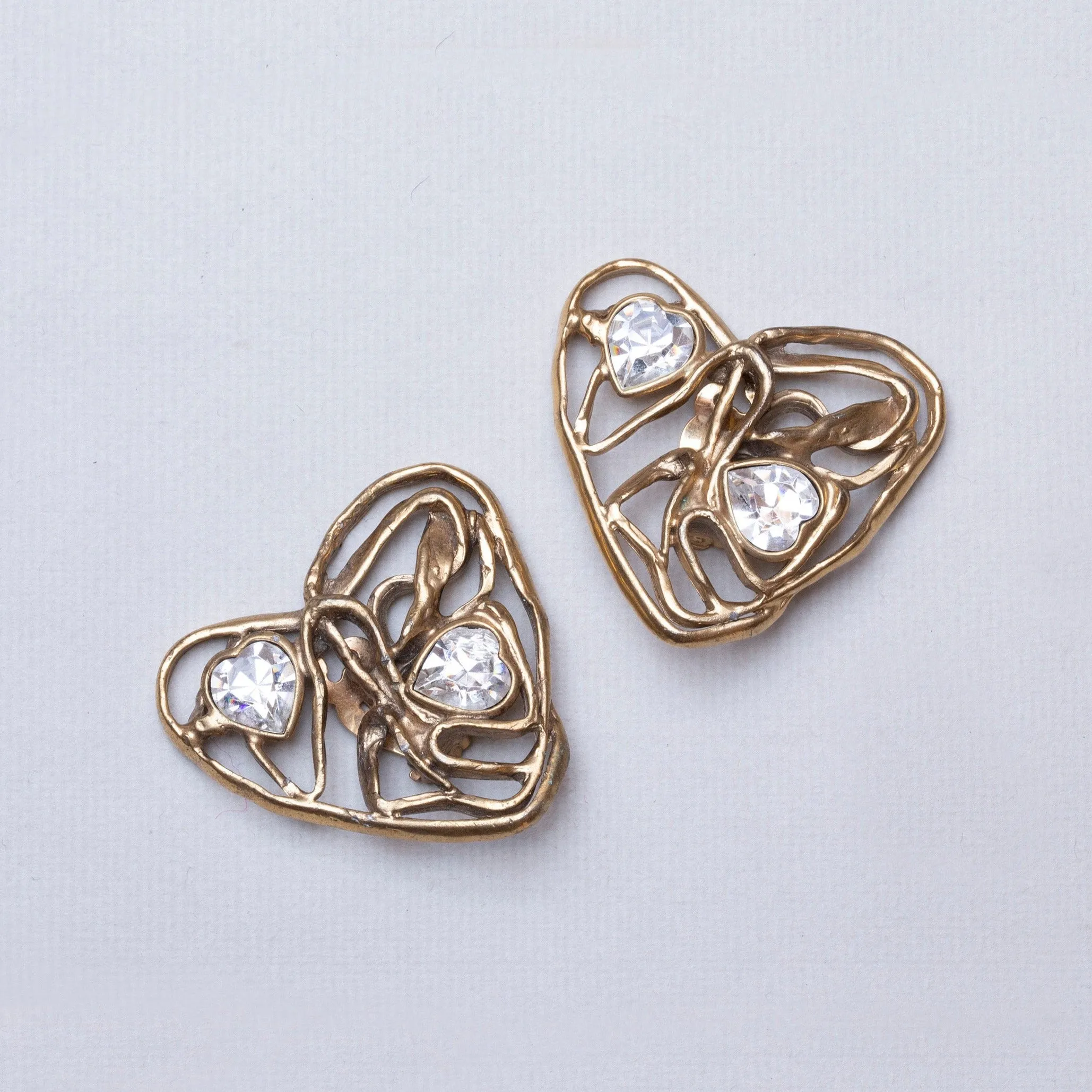 Vintage Heart Clip-on Earrings with Rhinestones