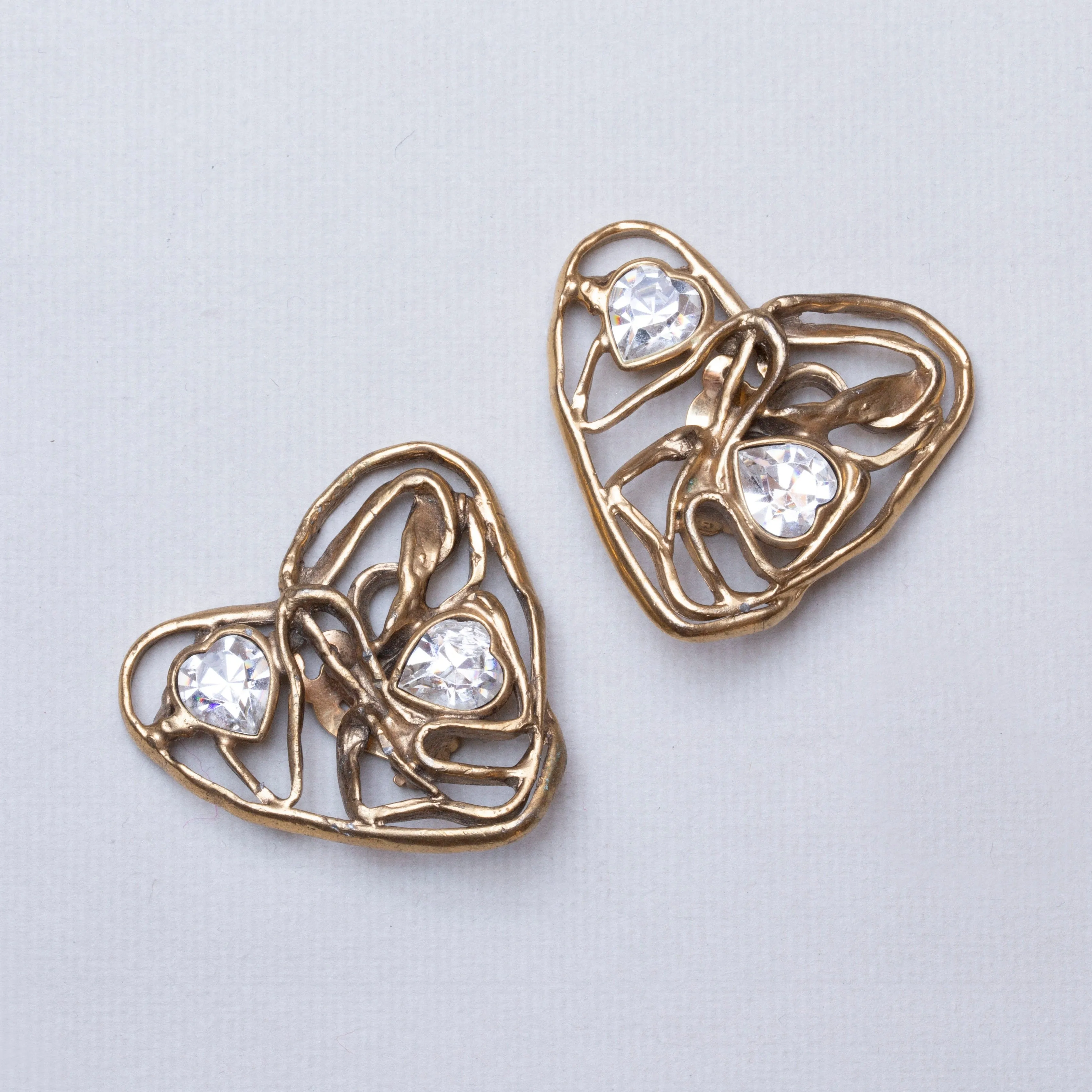 Vintage Heart Clip-on Earrings with Rhinestones