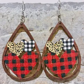 Wooden Plaid Heart Teardrop Earrings