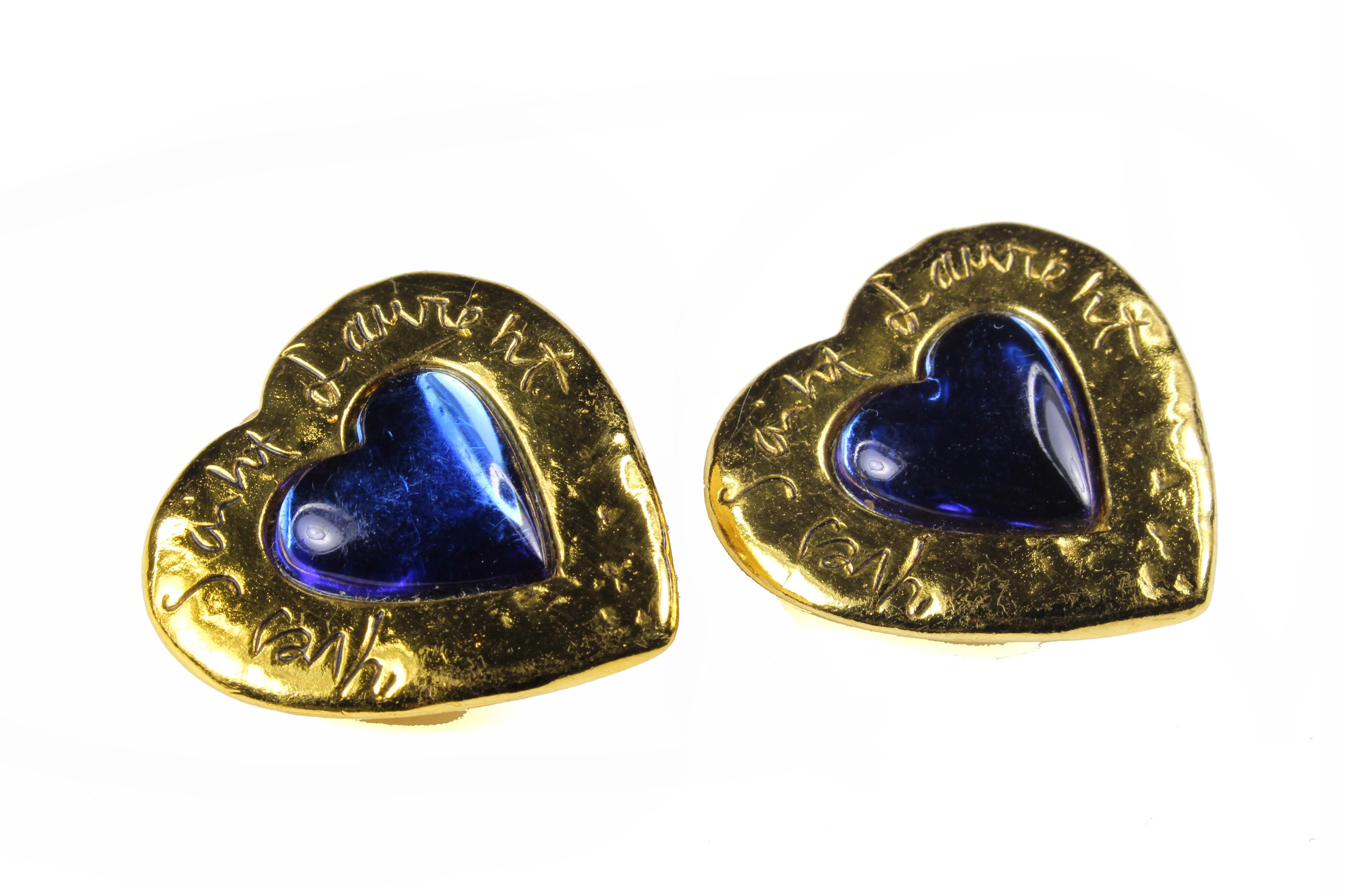 YVES SAINT LAURENT blue heart brooch earrings set