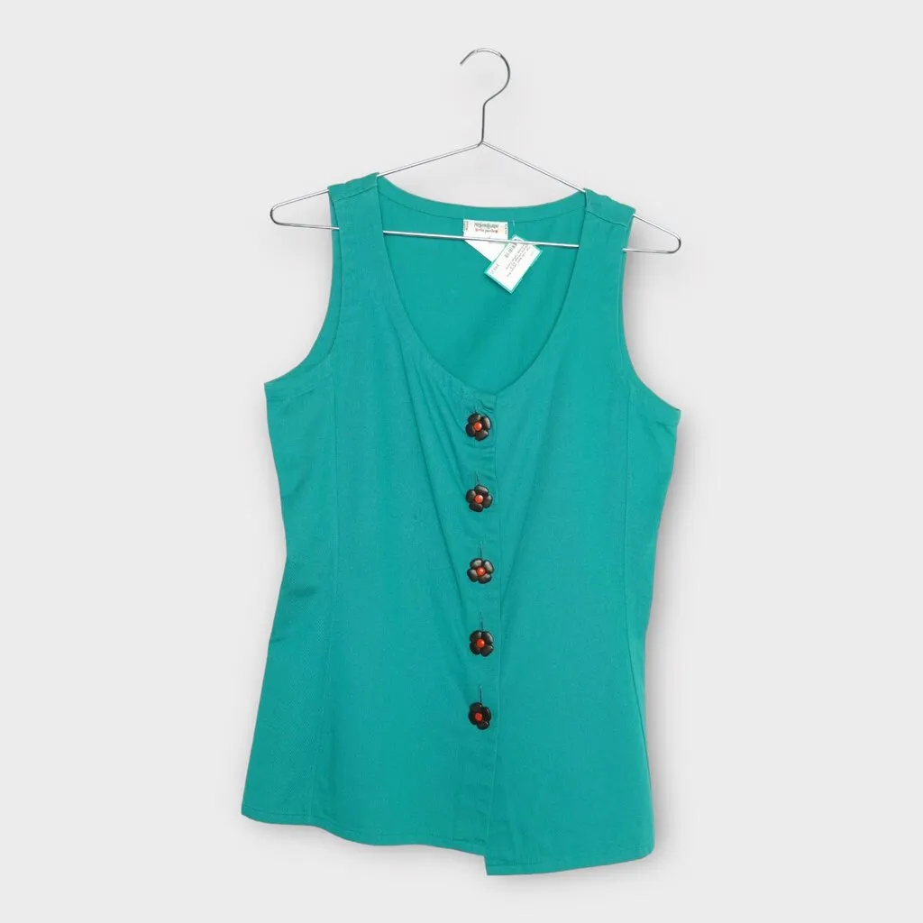 Yves Saint Laurent Rive Gauche Turquoise Cotton Flower Button Up Top